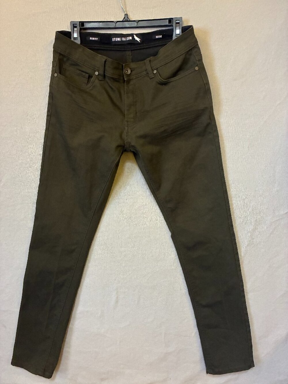 Stone Falcon Mens 32X30.5 Slim Fit Pants Stretch Zip Fly Green Urban Minimalist